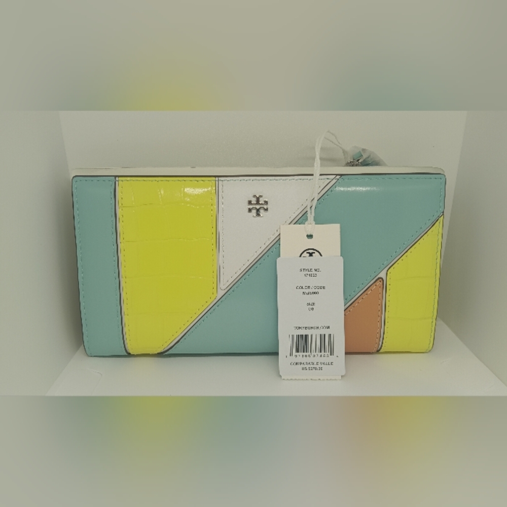 Tory Burch Colorblock Wallet in Blue, Yellow, and White Large Wallet NWT